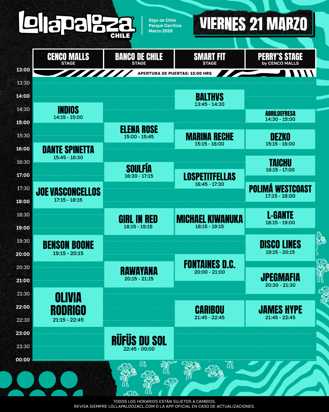 Organiza tu tiempo: revelan los horarios de Lollapalooza Chile 2025